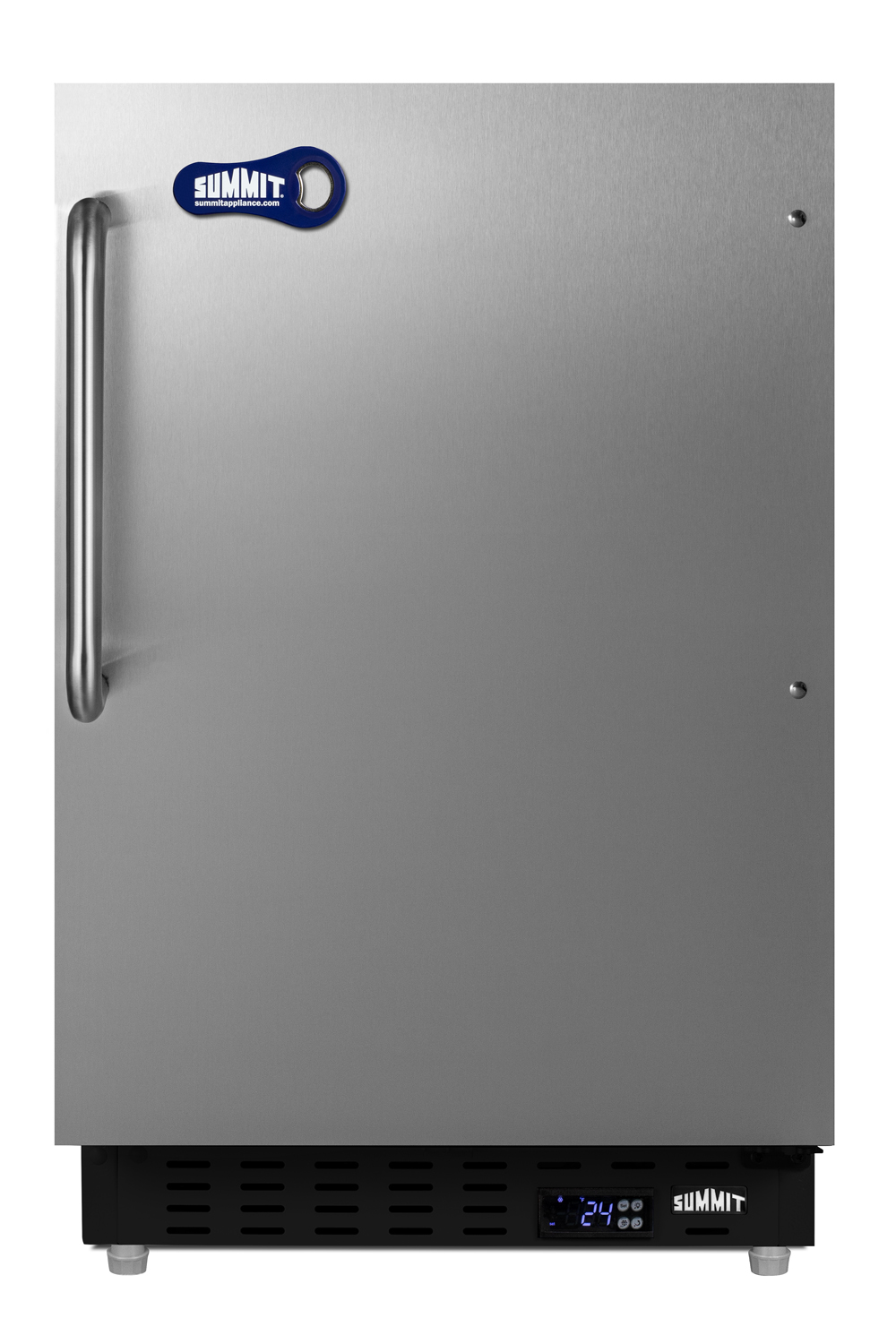 COLD CAVERN beer froster, Summit's built-in undercounter ADA compliant freezer that stores aluminum bottled beer at 24 F; manual defrost operation with SS door, towel bar handle, and black cabinet finish